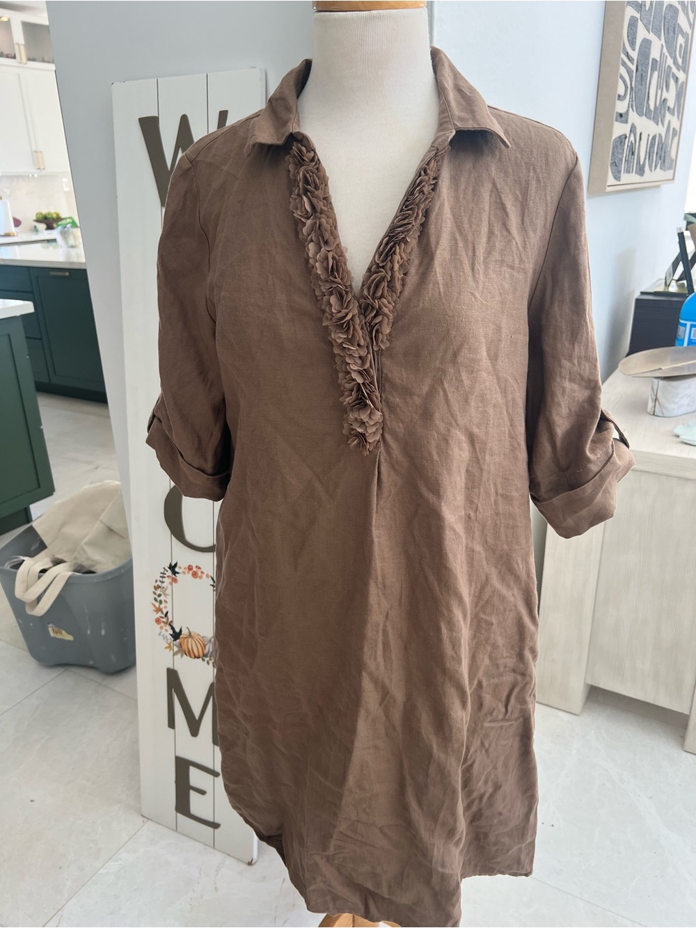 Chico's Brown Linen-Blend Ruffle V-Neck Tunic
